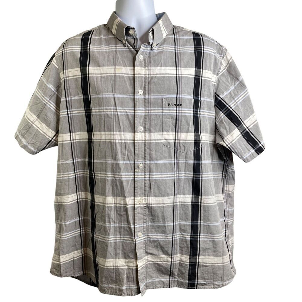 Pringle of Scotland Men's Plaid‎ 100% Cotton Button Down Shirt XL Short Sleeve